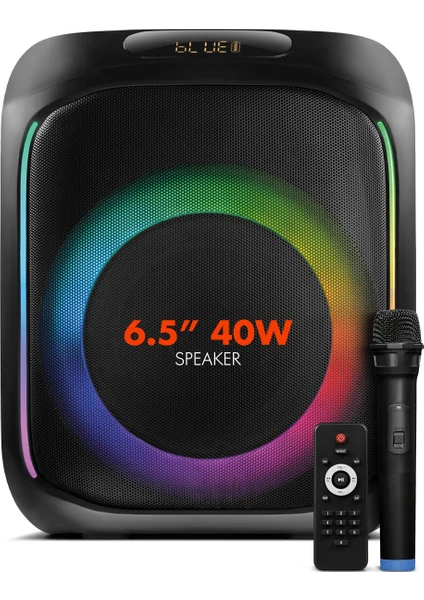 Powerway MİO Taşınabilir Mikrofonlu 40 W Parti Karaoke Kumandalı Bluetooth Hoparlör Led Işıklı